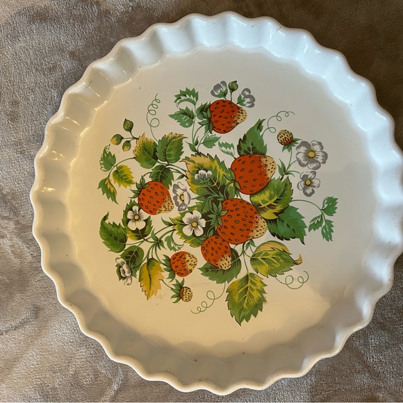 Other - Vintage Strawberry Ceramic Pie Dish - White with Orange & Green Fruit Motif
